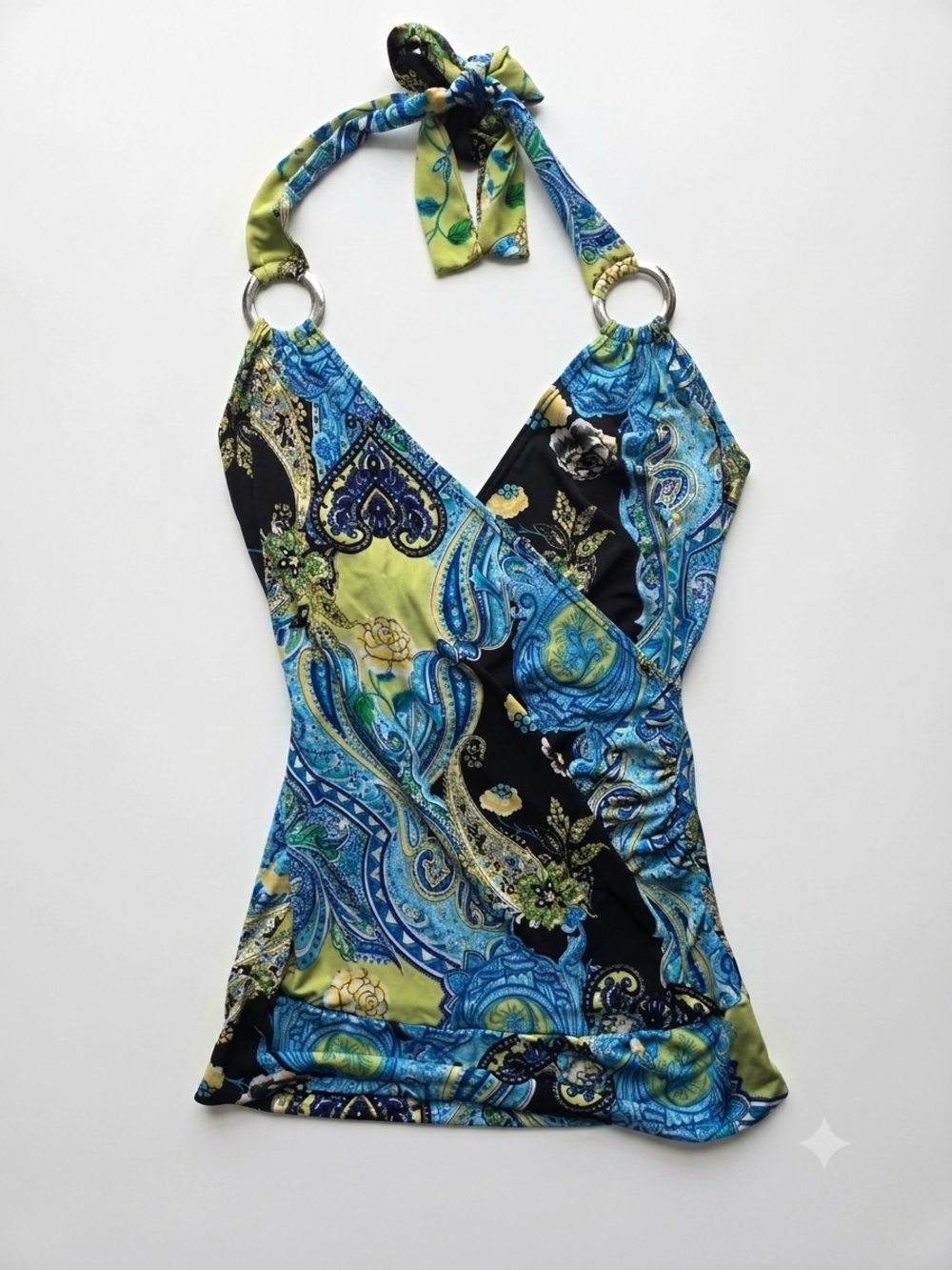 Y2K Paisley Halter With O Ring Detail